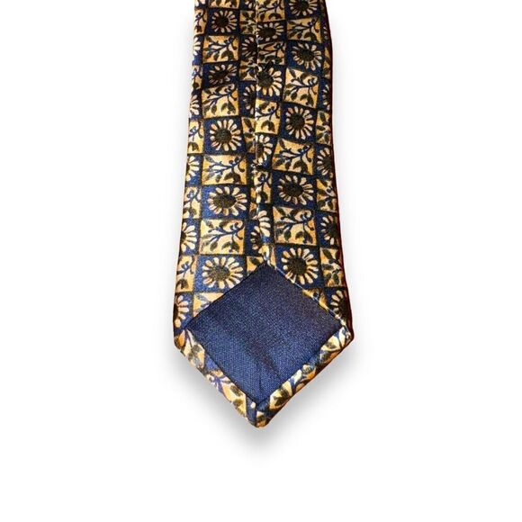 Lanvin Navy & Gold Flower Checkerboard Handmade 100% Silk Tie - Picture 6 of 6